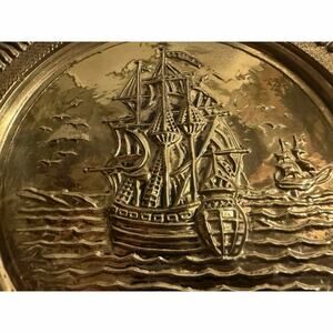 Pair of Vintage Embossed Brass Decorative 14" Wall Plate of Ship Made in England